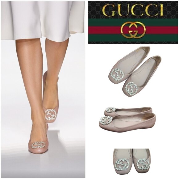 Gucci Women's Ballet Flats Pink Satin Square Toe GG Crystal Logo Designer Shoes - Picture 1 of 14